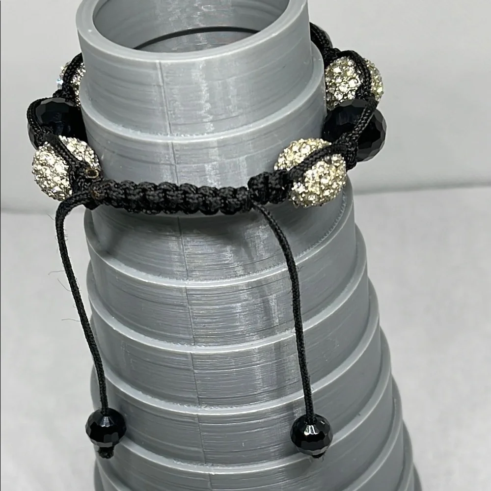 Adjustable Black glass and Silver tone pace rhinestone Beaded Bracelet